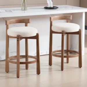 Mid Century Modern Bar Stools Set of 2, 26.5" Counter Stools with Back, Linen Upholstered Barstools with Solid Wood Legs Bar